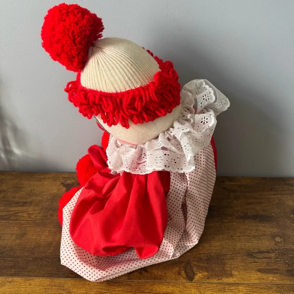 Vintage Large 26‎ Inch Cloth Clown Doll Red White Polka Dot Lace Yarn Hair